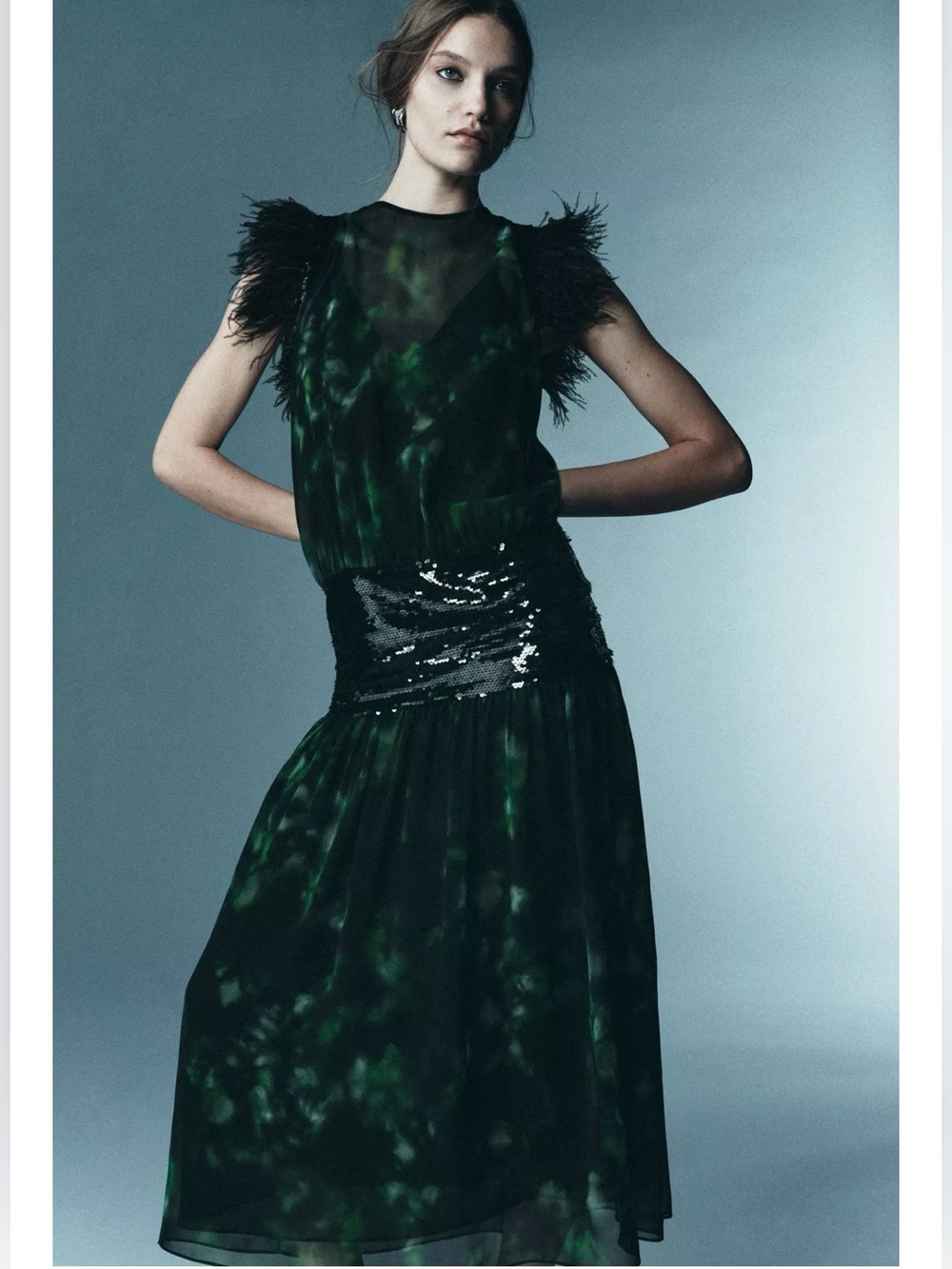 NWT Zara Limited Edition Combination Feather Sequined Midi Dress Black & Green